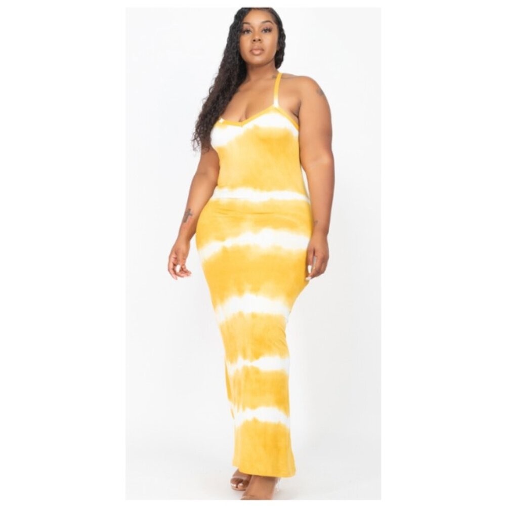 Head Turner Dress, Mustard Yellow Plus Size Stripe Tie Dye Maxi Curvy Dress, NWT